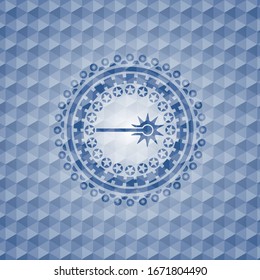 laser icon inside blue emblem with geometric background.