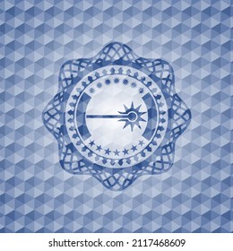laser icon inside blue emblem or badge with geometric pattern background. 