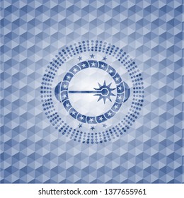 laser icon inside blue hexagon badge.