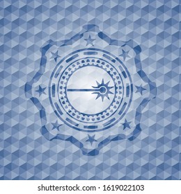 laser icon inside blue hexagon badge.