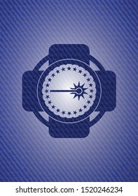laser icon inside emblem with denim texture