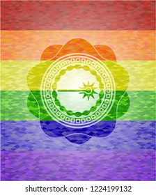 laser icon inside emblem on mosaic background with the colors of the LGBT flag