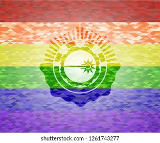 laser icon inside emblem on mosaic background with the colors of the LGBT flag
