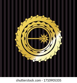 laser icon inside gold badge or emblem. 
