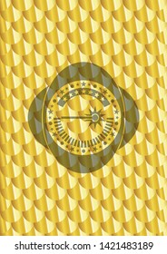 laser icon inside gold emblem or badge. Scales pattern. Vector Illustration. Detailed.