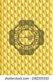 laser icon inside gold emblem or badge. Scales pattern. Vector Illustration. Detailed.