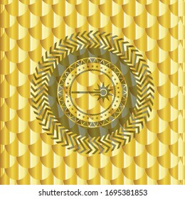 laser icon inside gold shiny emblem. Scales pattern. Vector Illustration. Detailed.