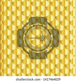 laser icon inside golden badge. Scales pattern. Vector Illustration. Detailed.