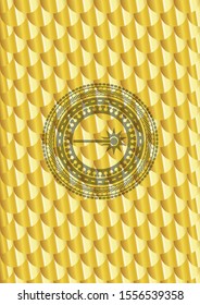 laser icon inside golden emblem. Scales pattern. Vector Illustration. Detailed.