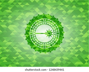laser icon inside green emblem. Mosaic background
