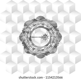 laser icon inside grey badge with geometric cube white background