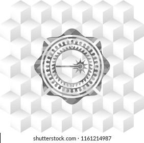 laser icon inside grey badge with geometric cube white background