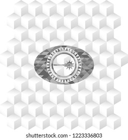 laser icon inside grey badge with geometric cube white background