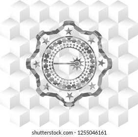 laser icon inside grey badge with geometric cube white background