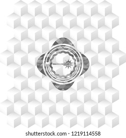 laser icon inside grey emblem with geometric cube white background