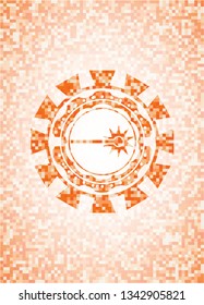 laser icon inside orange tile background illustration. Square geometric mosaic seamless pattern with emblem inside.