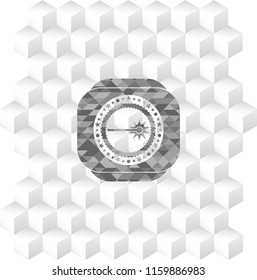 laser icon inside realistic grey emblem with geometric cube white background