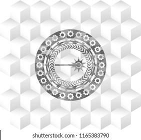 laser icon inside realistic grey emblem with geometric cube white background