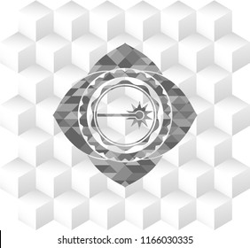 laser icon inside realistic grey emblem with geometric cube white background