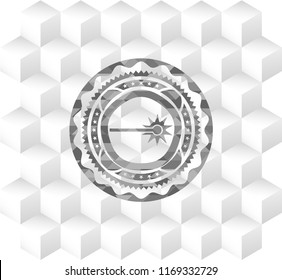 laser icon inside realistic grey emblem with geometric cube white background