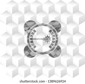 laser icon inside realistic grey emblem with geometric cube white background
