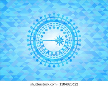 laser icon inside realistic light blue emblem. Mosaic background
