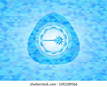 laser icon inside realistic light blue emblem. Mosaic background