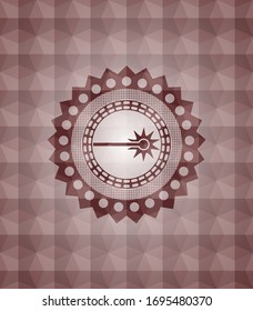 laser icon inside red seamless emblem with geometric background.