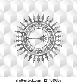 laser icon inside retro style grey emblem with geometric cube white background