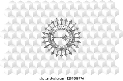 laser icon inside retro style grey emblem with geometric cube white background