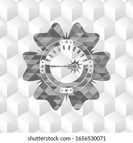 laser icon inside retro style grey emblem with geometric cube white background