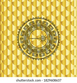Lasersymbol in glänzendem goldfarbenem Schild. Skaliert Muster. Vektorgrafik. Detaillierte Angaben. 