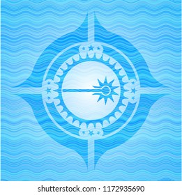 laser icon inside sky blue water wave emblem background.