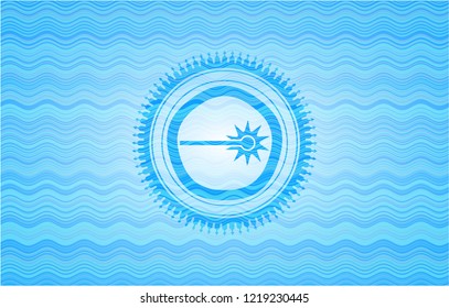 laser icon inside sky blue water wave emblem background.