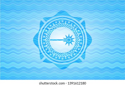 laser icon inside sky blue water wave badge.