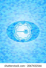 laser icon inside sky blue emblem with mosaic ecological style background. 