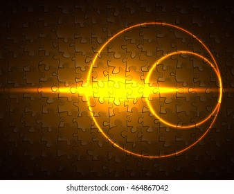 Laser image of two circles, like planets on the sun, on a background pattern of the elements of the puzzle