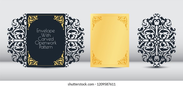 Laser invitation card, greeting card template. Cutting floral, vegetable pattern of paper, cardboard. Frame with place for a festive text. Romantic style wedding printing. You can apply for birthday