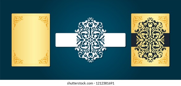 Laser invitation card, greeting card template. Cutting floral, vegetable pattern of paper, cardboard. Frame with place for a festive text. Romantic style wedding printing. You can apply for birthday