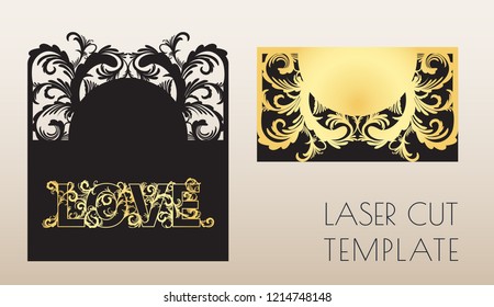 Laser invitation card, greeting card template. Cutting floral, vegetable pattern of paper, cardboard. Frame with place for a festive text. Romantic style wedding printing. You can apply for birthday