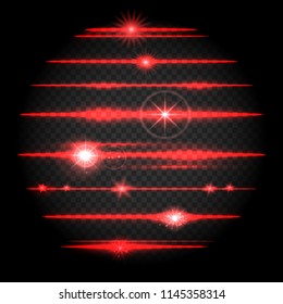 Laser lens flare. Red horizontal lens flares laser beams set isolated on transparent background, vector illustration