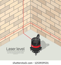 Laser level.The included device in the building under construction.  The tool for measurement. Device for repair.3D. Isometry. Vector illustration. Realistic design.