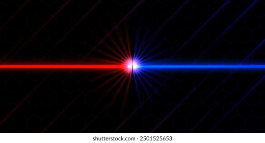 Colisión de luz láser de fondo rojo y azul, contra el Anuncio. Potente color del flash de la colisión de la luz láser. Concepto de confrontación, juego de competencia vs partido. Fondo del juego de batalla.