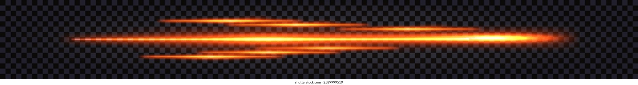 Laser light glowing beam, red neon luminous speed lines, dynamic motion, flying fiery impulse thunder bolt. Isolated vector element on dark transparent background