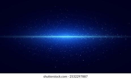 Laser Light Line. Horizontal Neon Light. Neon Blue Horizontal Speed Particles. Glowing Stripes. Color Space Nebula Vector Illustration.