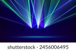 Laser light show. Bright led laser beams, dj light party. Illuminated blue green stage, led strobe lights. Background, backdrop for displaying products. Vector illustration