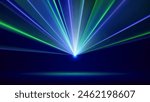 Laser light show. Bright led laser beams, dj light party. Illuminated blue green stage, led strobe lights. Background, backdrop for displaying products. Vector illustration