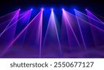 Laser light show. Bright led laser beams, dj light party, smoke. Illuminated blue pink stage, led strobe lights. Background, backdrop for displaying products. Vector illustration