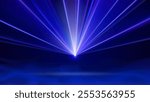 Laser light show. Bright led laser beams, dj light party. Illuminated blue stage, led strobe lights, smoke. Blue background, backdrop for displaying products. Vector illustration