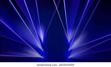 Laser light show. Bright led laser beams, dj light party. Illuminated blue stage, led strobe lights. Stage lighting effect. Background, backdrop for displaying products. Vector illustration